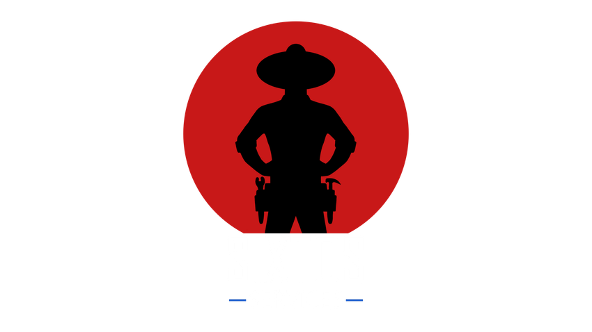 Silhouette of a cowboy in a red circle; hands on hips, tool belt, and hat.