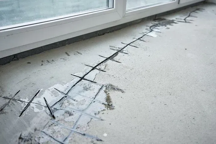 Professional concrete floor crack repair with reinforcement pins.