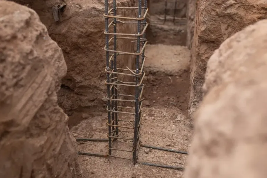 Rebar cage installation for deep foundation support and repair.