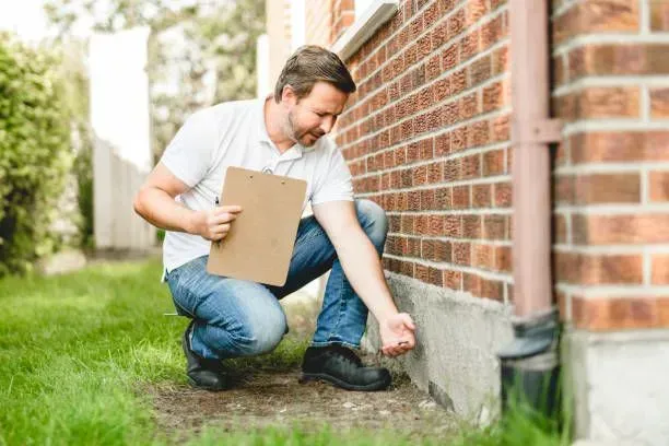 Foundation inspector checking brick wall for settlement cracks.
