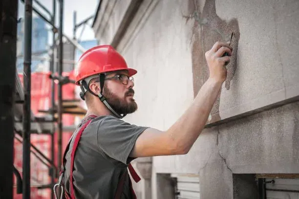 Technician repairing exterior masonry and foundation cracks.