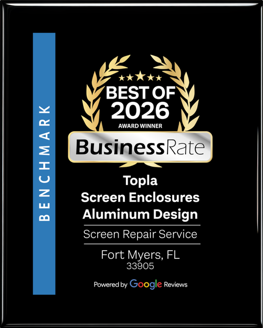 Black award plaque for Topla Screen Enclosures, Best of 2026 BusinessRate, Fort Myers, FL