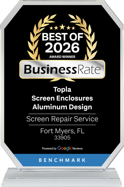 BusinessRate “Best of 2026” award plaque for Topla Screen Enclosures, Fort Myers, FL.
