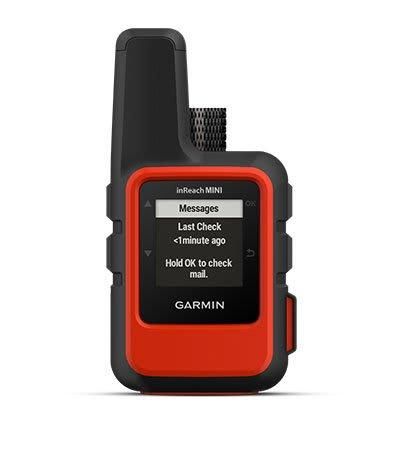 Rode Garmin inReach Mini satellietcommunicator met zwarte antenne en klein berichtenscherm.