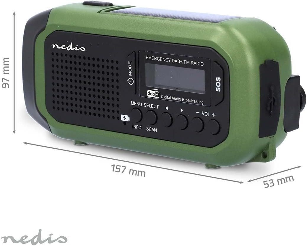 Nedis draagbare radio o.a. voor noodsituaties met luidsprekerrooster en display.
