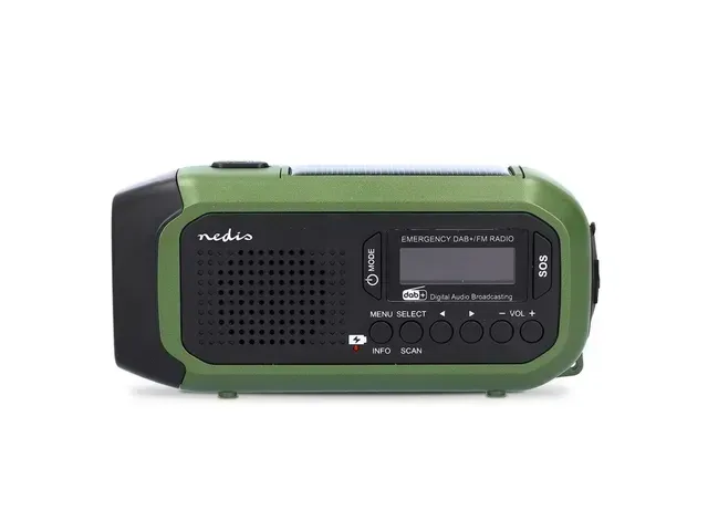Nedis draagbare radio o.a. voor noodsituaties met luidsprekerrooster en display.