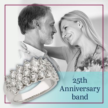 Couple embracing, smiling; silver ring with diamonds; text