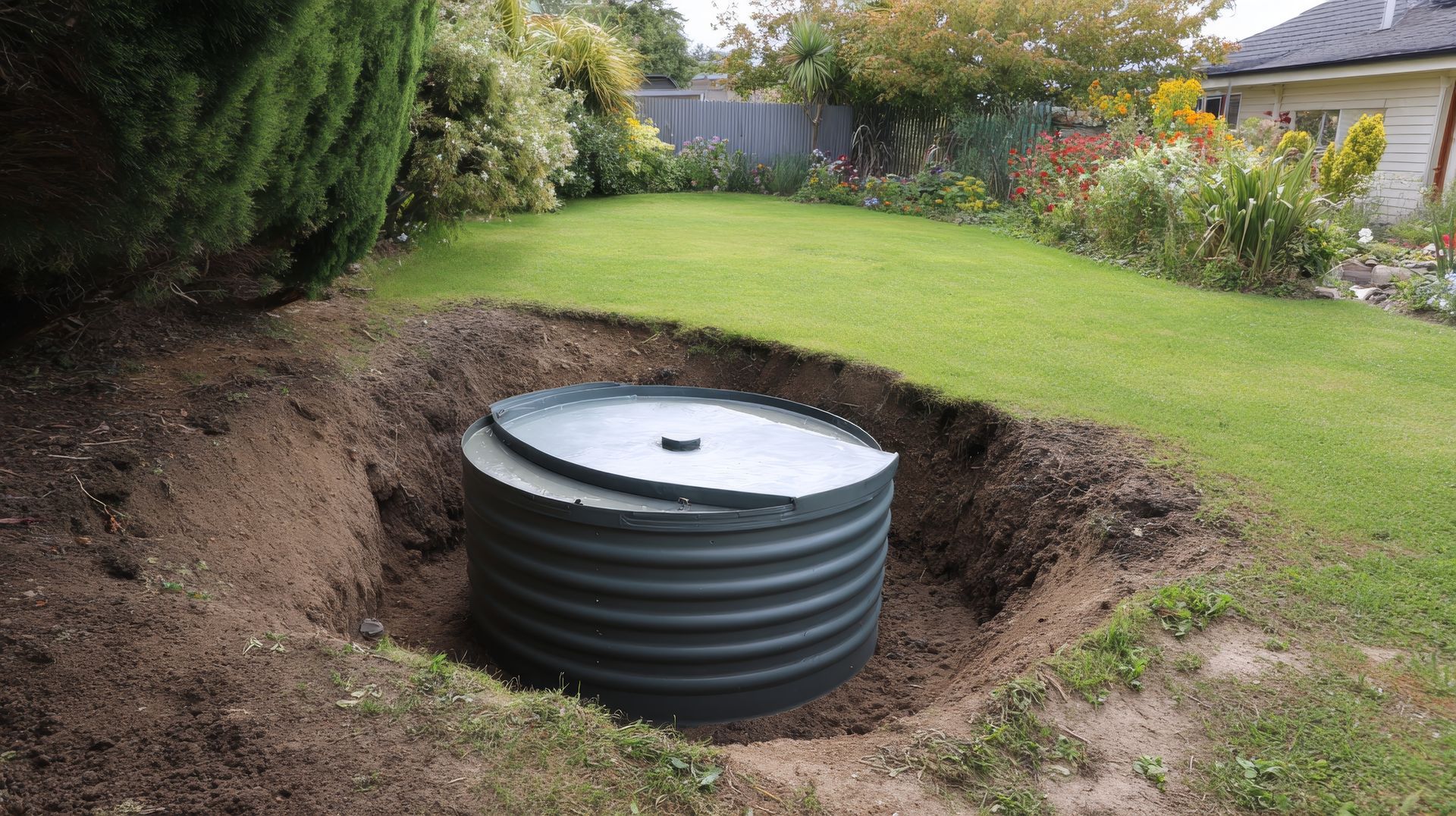 Picture of an underground water tank that has just been installed in the ground of a garden
