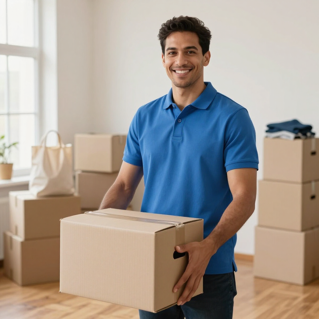 Smiling person in a blue polo holding a cardboard box in a moving room with stacked boxes