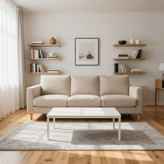 Bright living room with beige sofa, white coffee table, wall shelves, and framed art on a light rug.