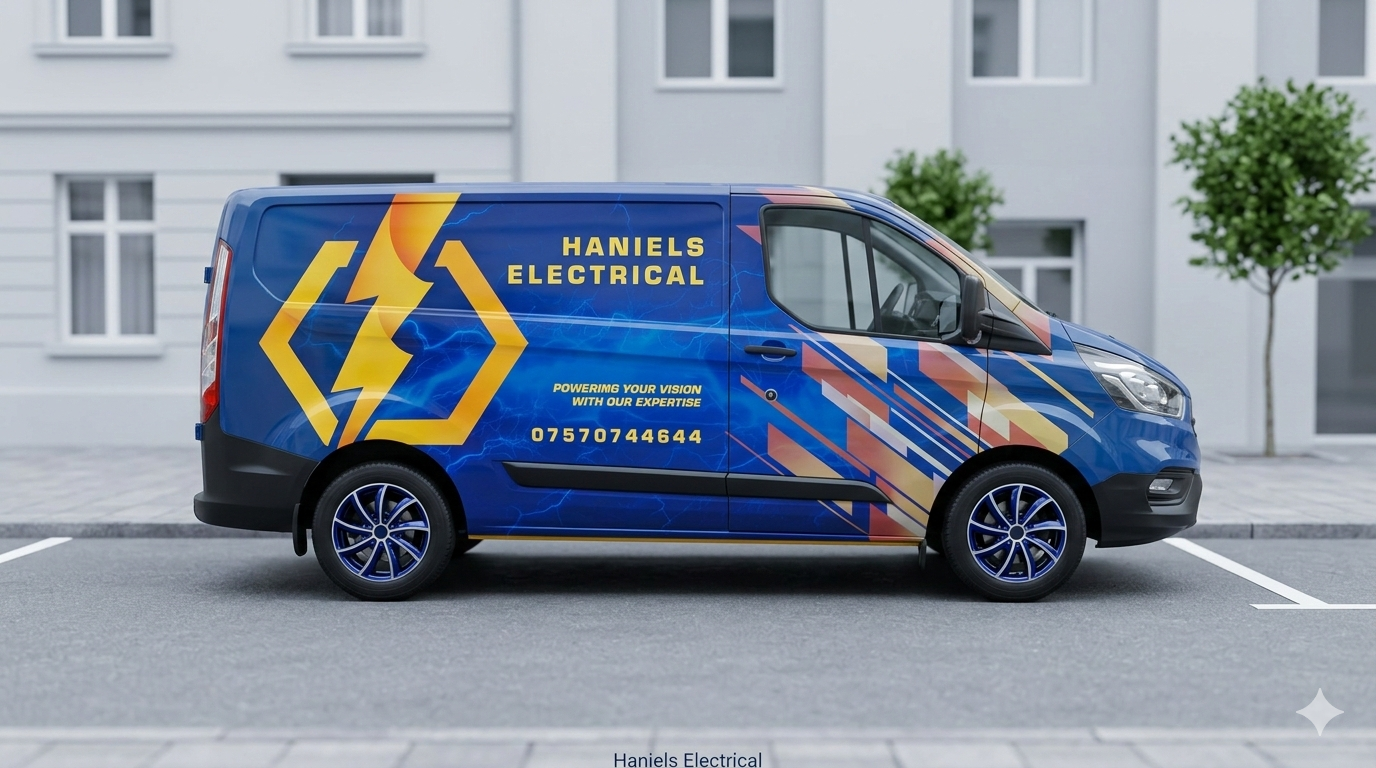 A blue work van parked on a street, featuring a yellow lightning bolt logo and 