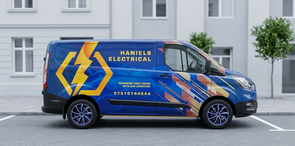Blue van parked on a street with 
