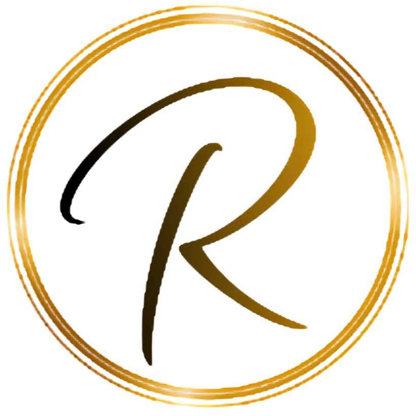 Gold letter R inside a gold circular ring logo on a white background