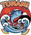 A cartoon tuna fish wearing a headband leaps over waves and sushi, set against a red sun and mountain with rainbow arches.