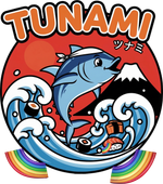 A cartoon tuna fish wearing a headband leaps over waves and sushi, set against a red sun and mountain with rainbow arches.