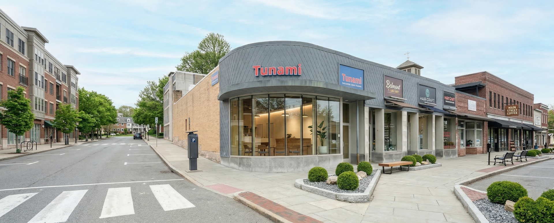 Street-level view of a curved, modern commercial building with large storefront windows on a suburban corner.