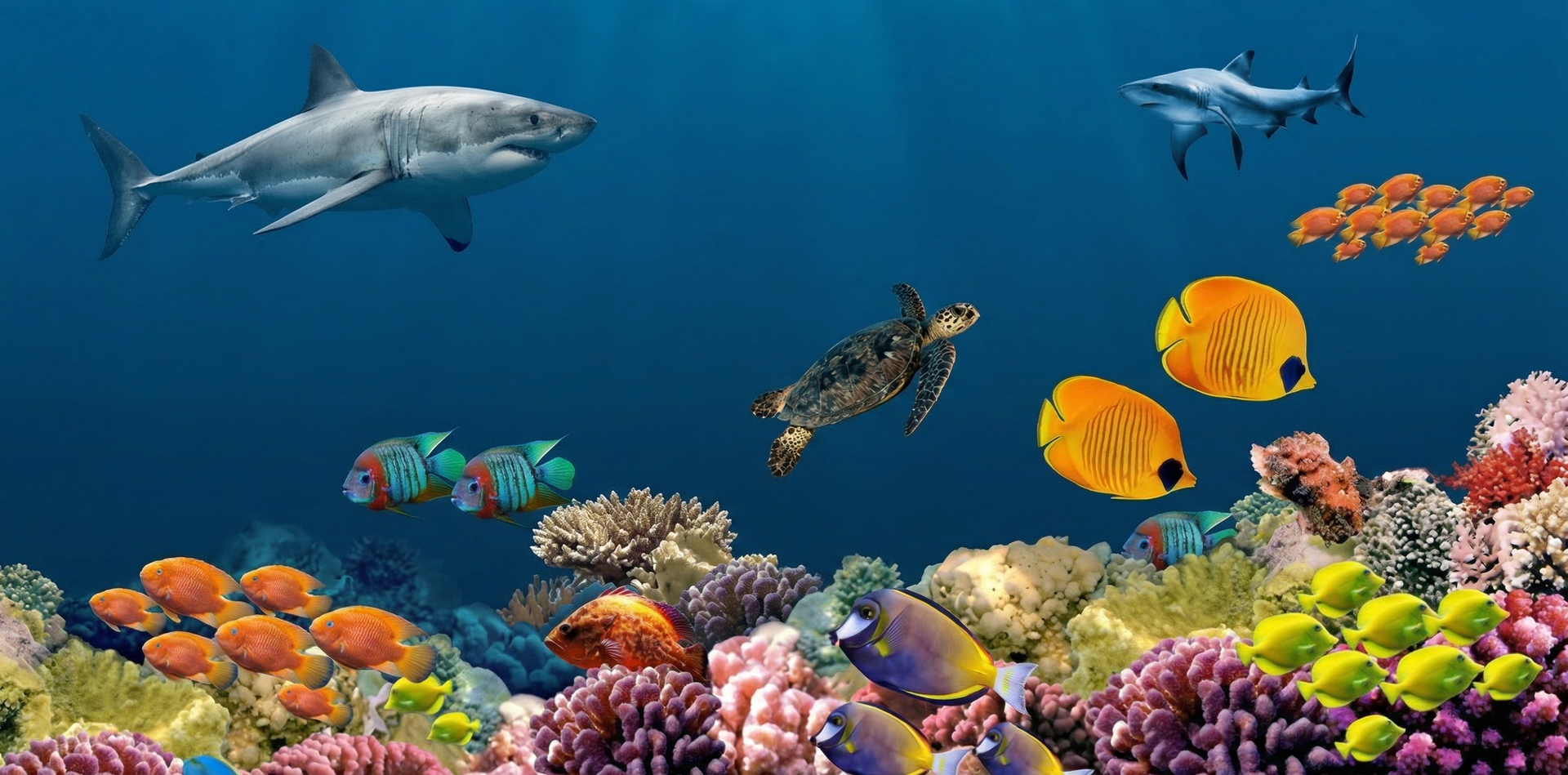 A vibrant coral reef underwater scene with a shark, a sea turtle, and schools of colorful fish.