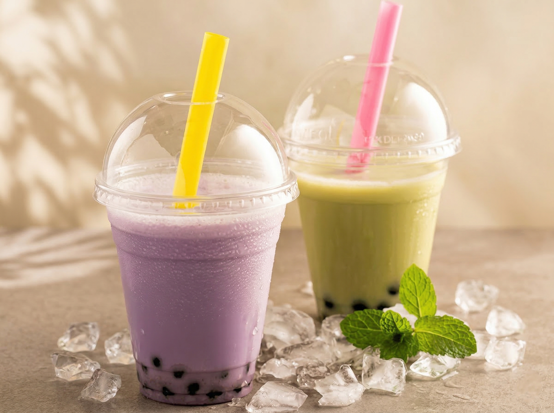 Two boba teas, one purple and one green, with colorful straws and ice cubes on a light surface.