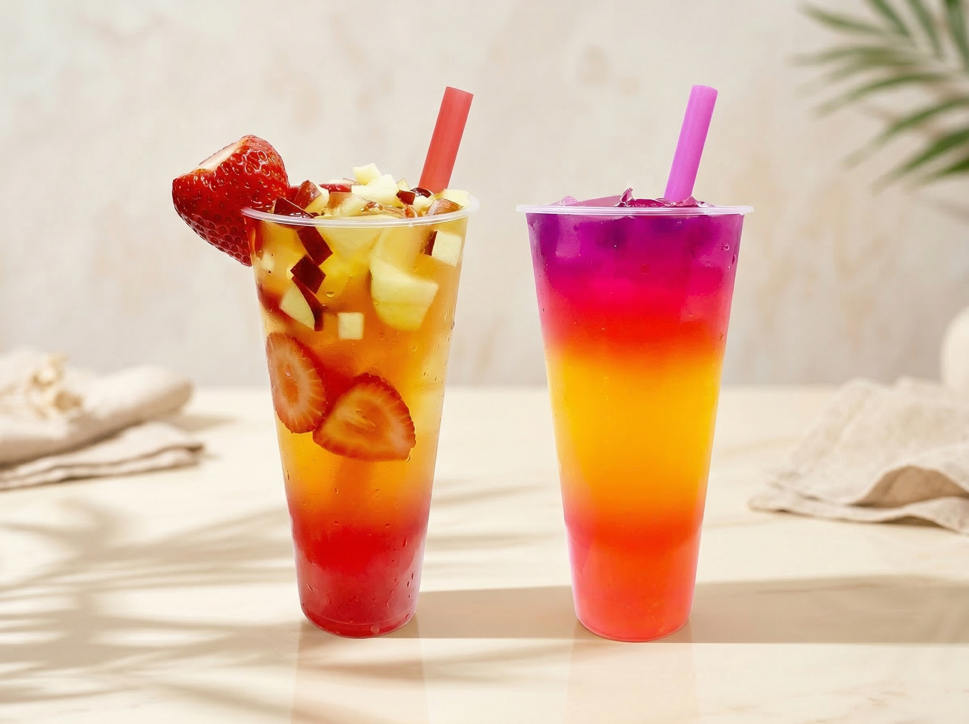 Two tall plastic cups containing colorful fruit drinks and straws on a light surface.