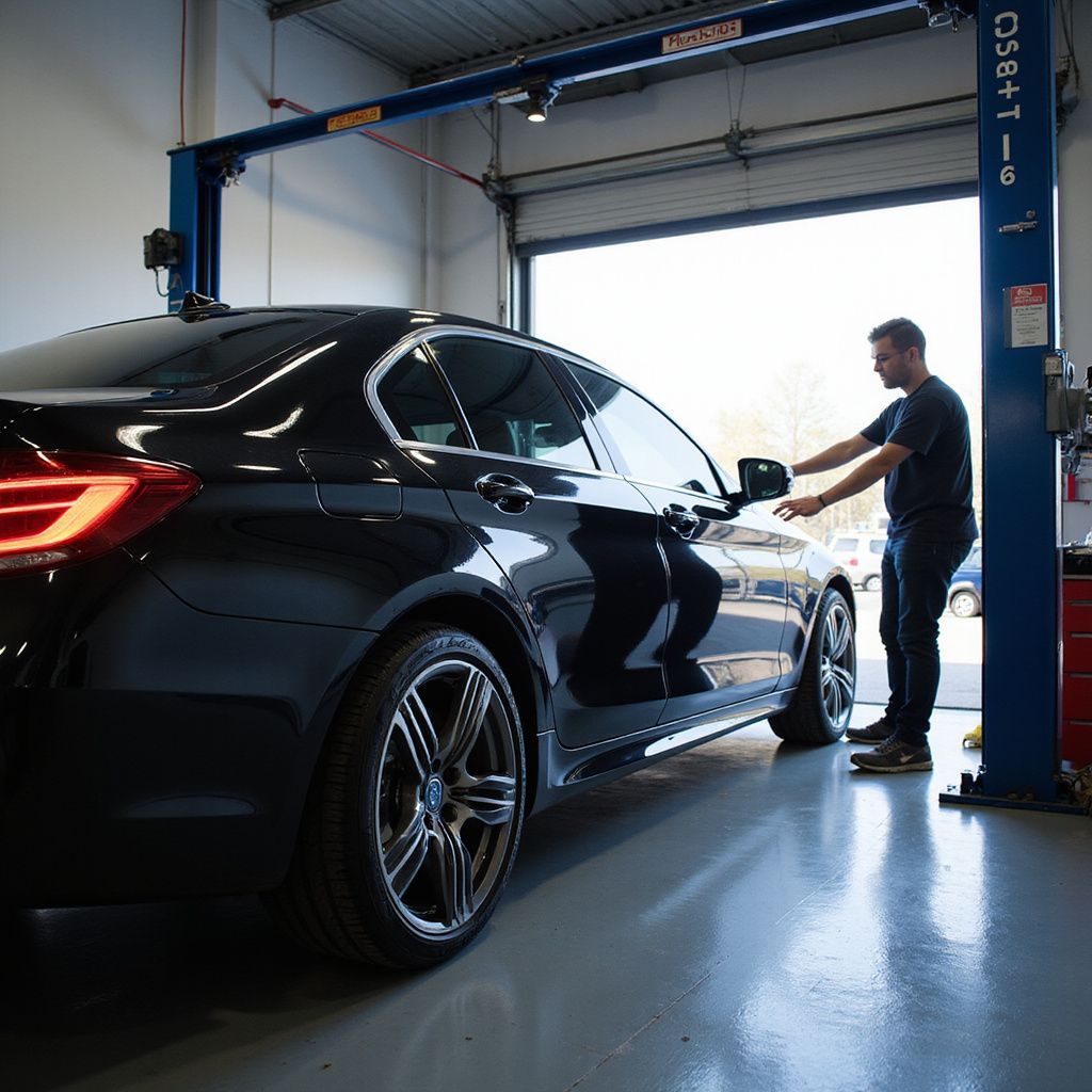 A mechanic inspects the side mirror of a black sedan parked in an auto repair shop with a car lift overhead.