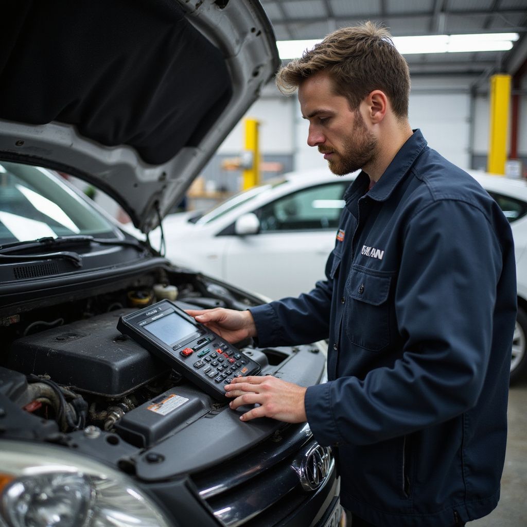 A mechanic in a navy uniform inspects a car engine with an electronic diagnostic tool in an auto repair shop.