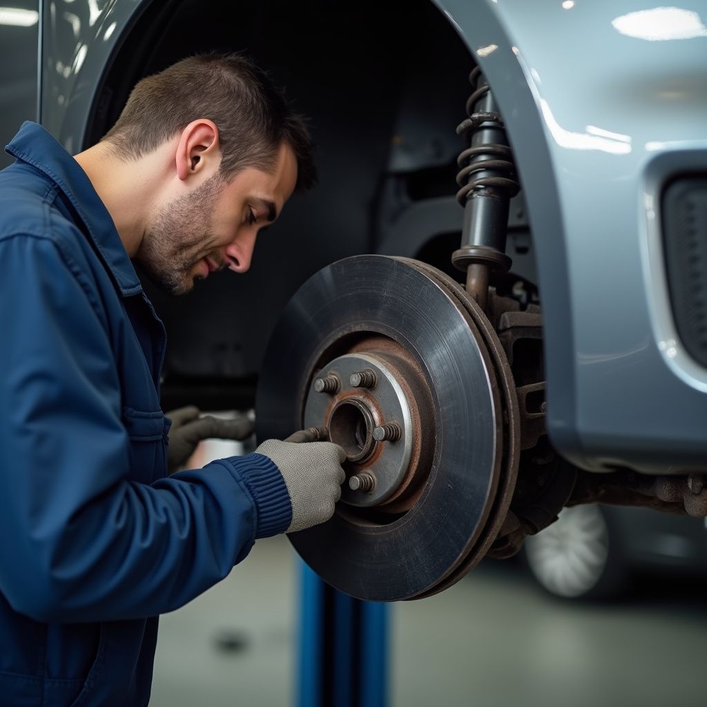 A mechanic in a blue uniform and gloves examines a vehicle's disc brake system in an auto repair shop.