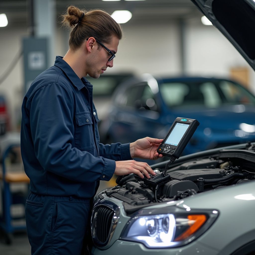 A mechanic in a blue uniform uses a handheld diagnostic tool to inspect a car engine in a professional garage.
