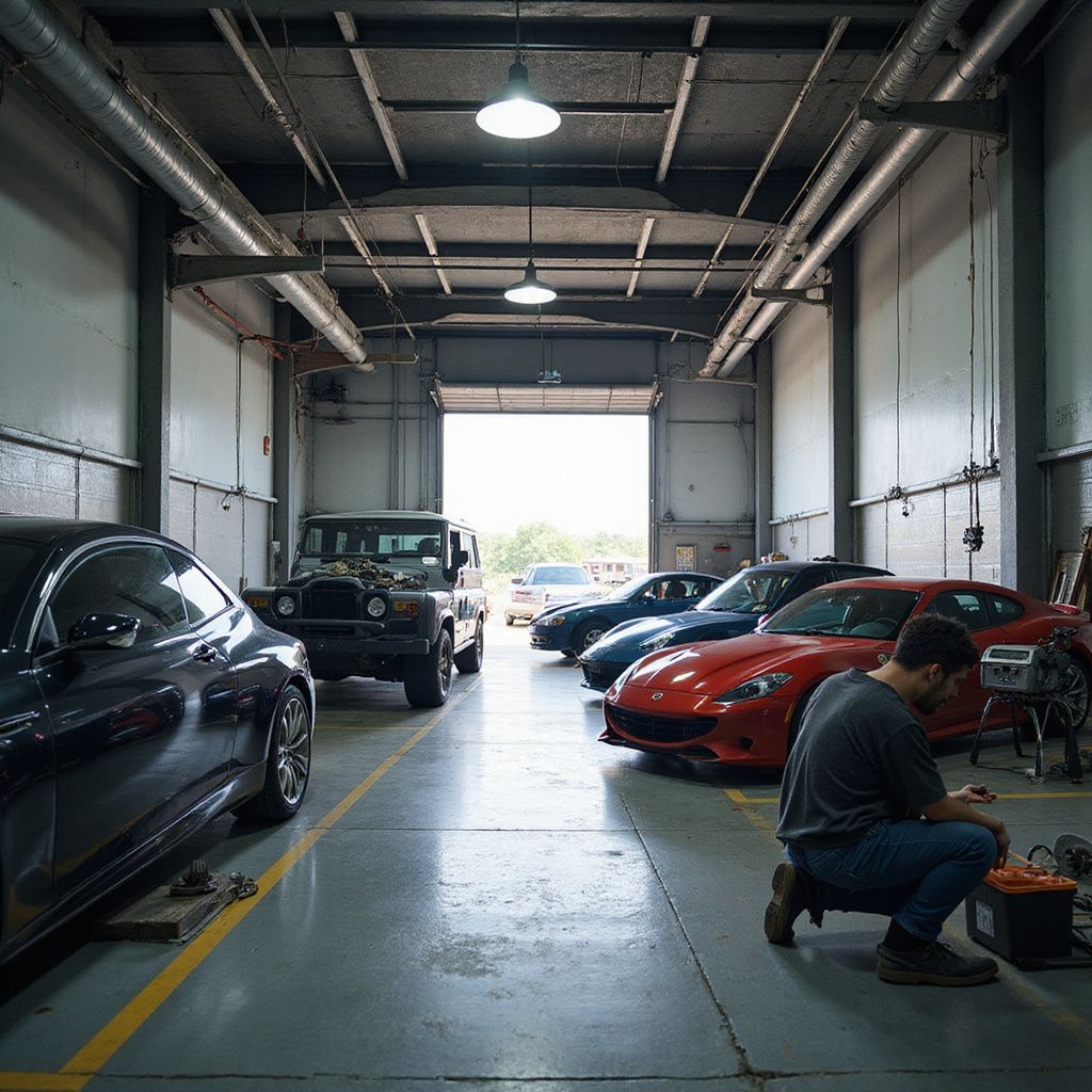 A person works on a battery inside an automotive garage filled with several cars, including a bright red sports car.