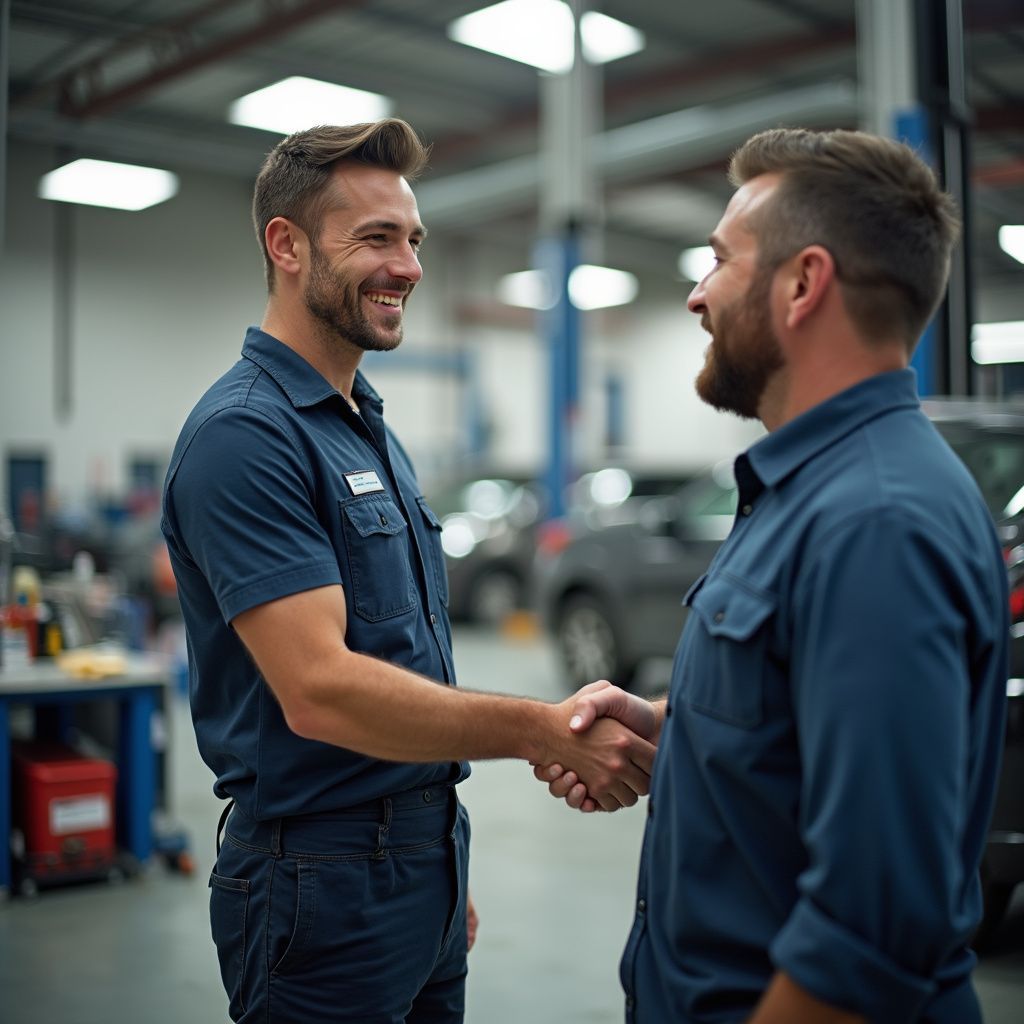 Two mechanics in blue uniforms smile and shake hands inside an auto repair shop.