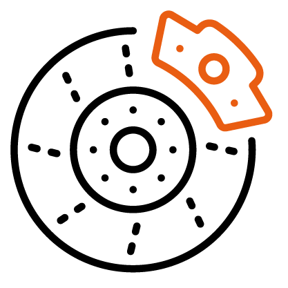 A gray, circular icon representing a car brake disc and brake pad.