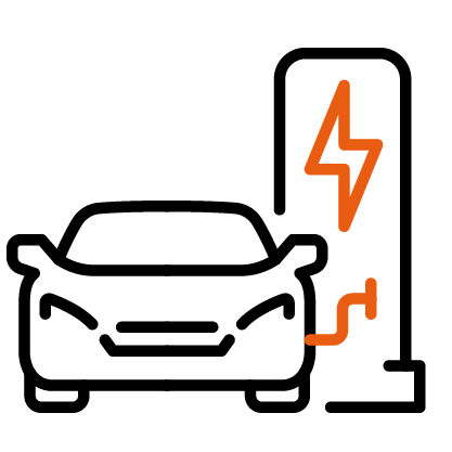 A green icon of a car silhouette combined with a lightning bolt and a charging plug, all within a circular border.