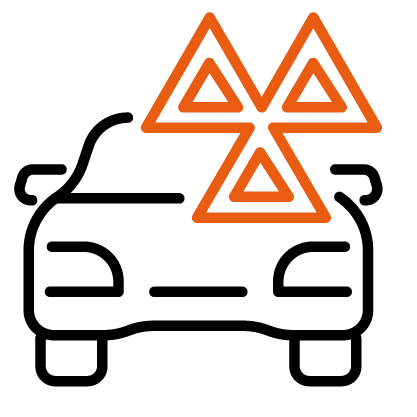 A blue circular button with a white icon consisting of three connected triangles, representing the official MOT logo.