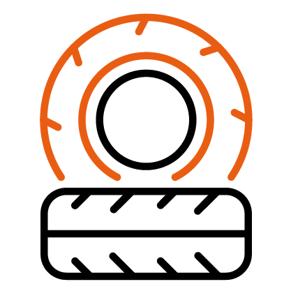 A dark grey icon of a car tire centered inside a circular button with a light grey background.