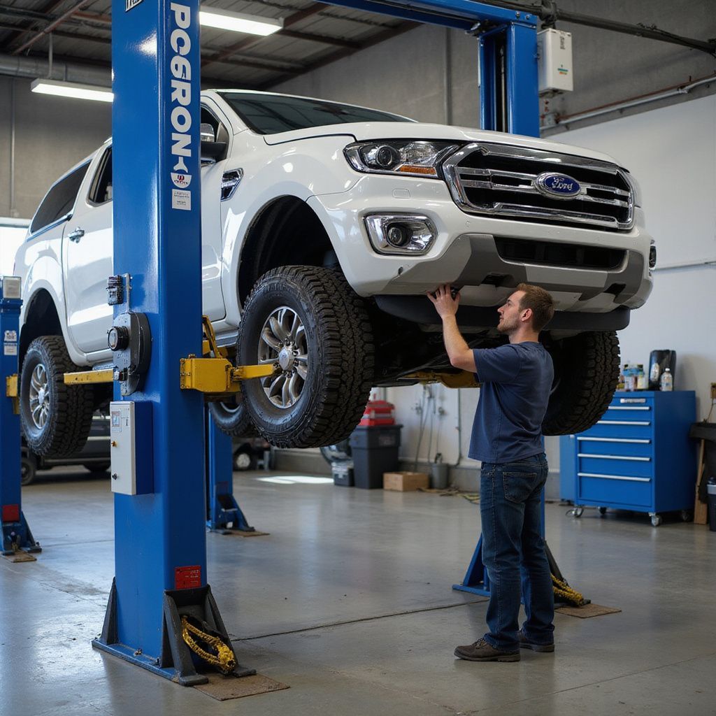 A mechanic inspects the underside of a white Ford pickup truck raised on a blue hydraulic lift in an auto shop.