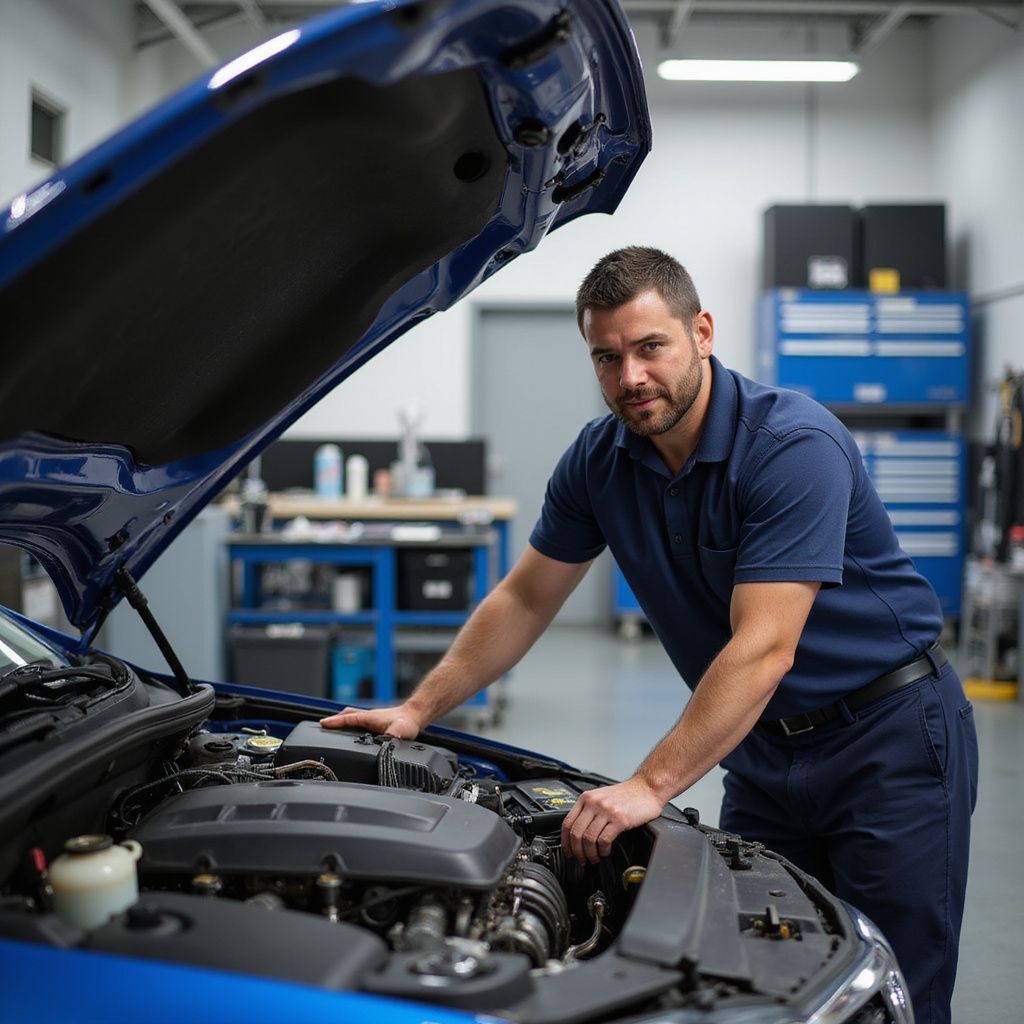 A mechanic in a blue uniform leans over an open car hood in a repair shop, smiling at the camera.