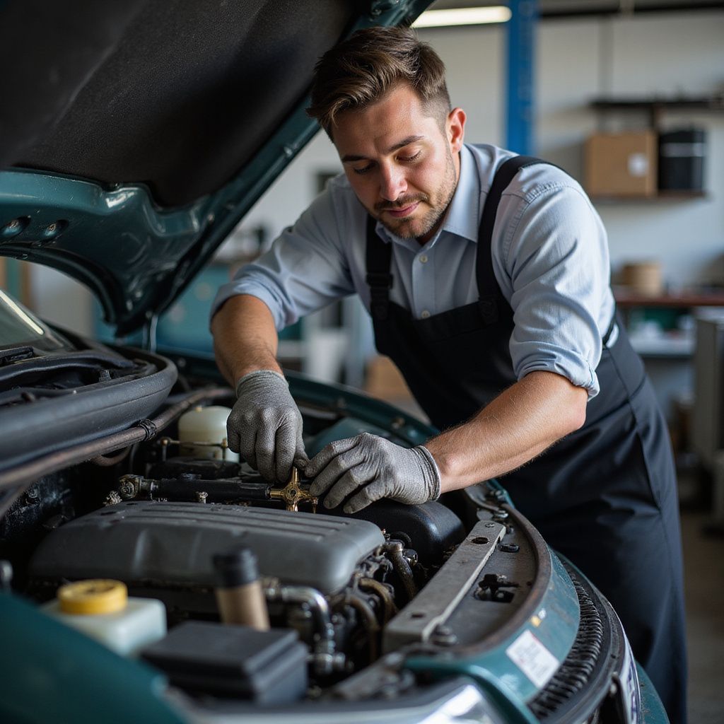 A person wearing an apron and gloves works on a car engine in a well-lit auto repair shop.