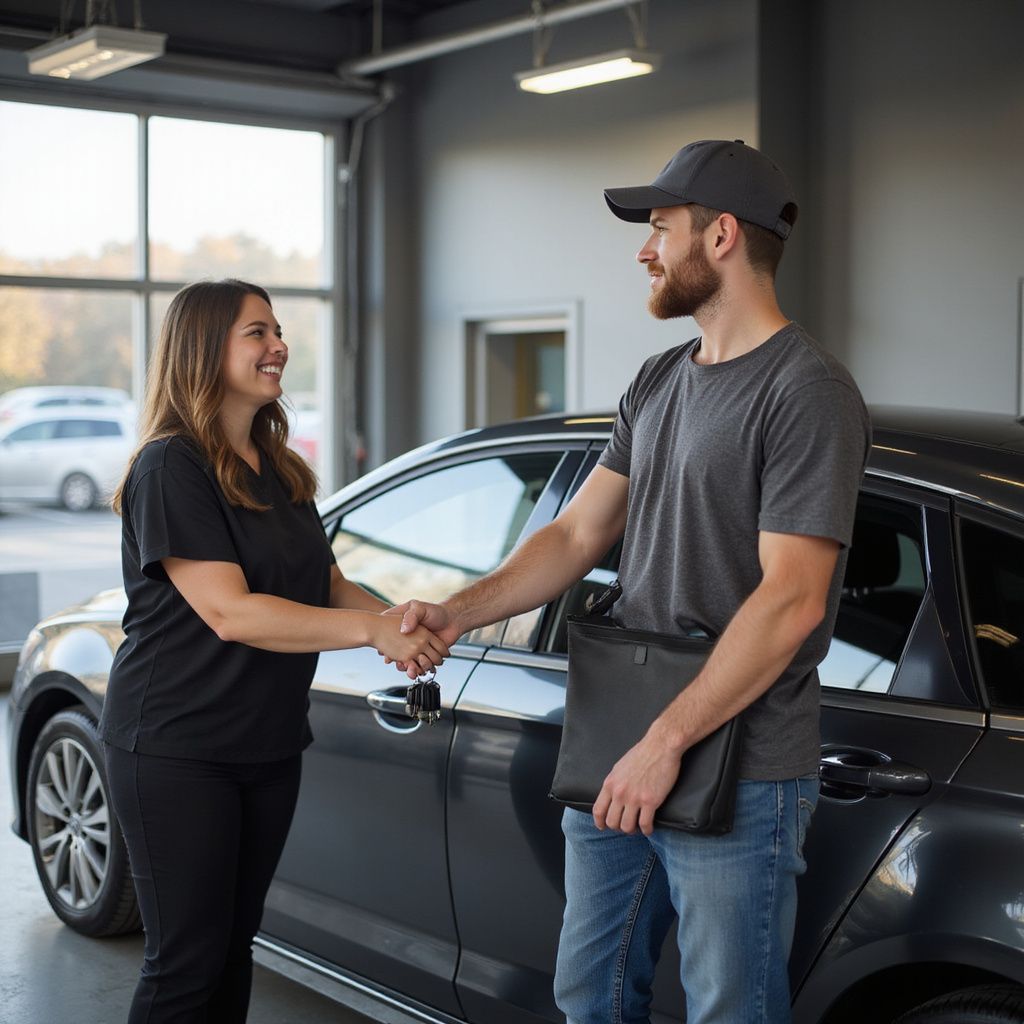 A woman in black clothes shakes hands with a man wearing a cap and holding a folder beside a dark car in a dealership.