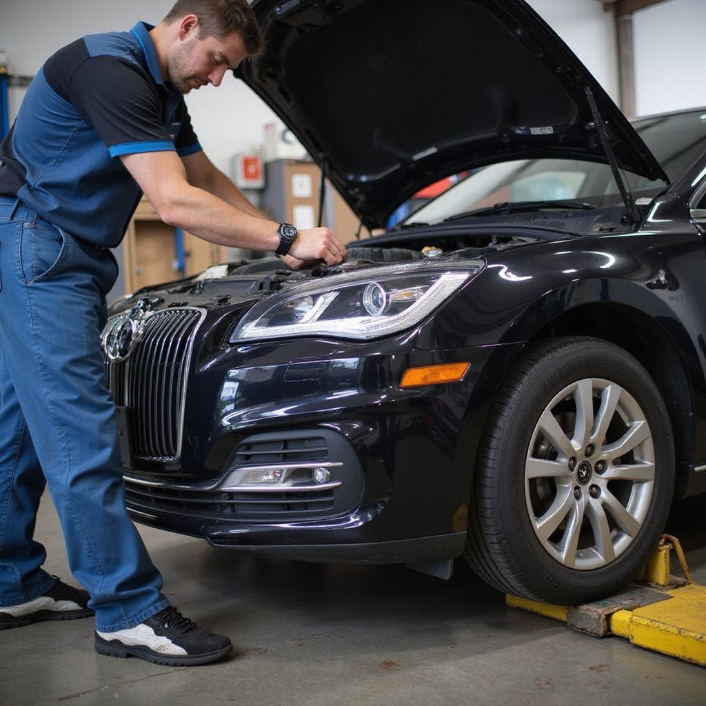 A mechanic in blue workwear inspects the engine of a black car with the hood open inside a repair shop.