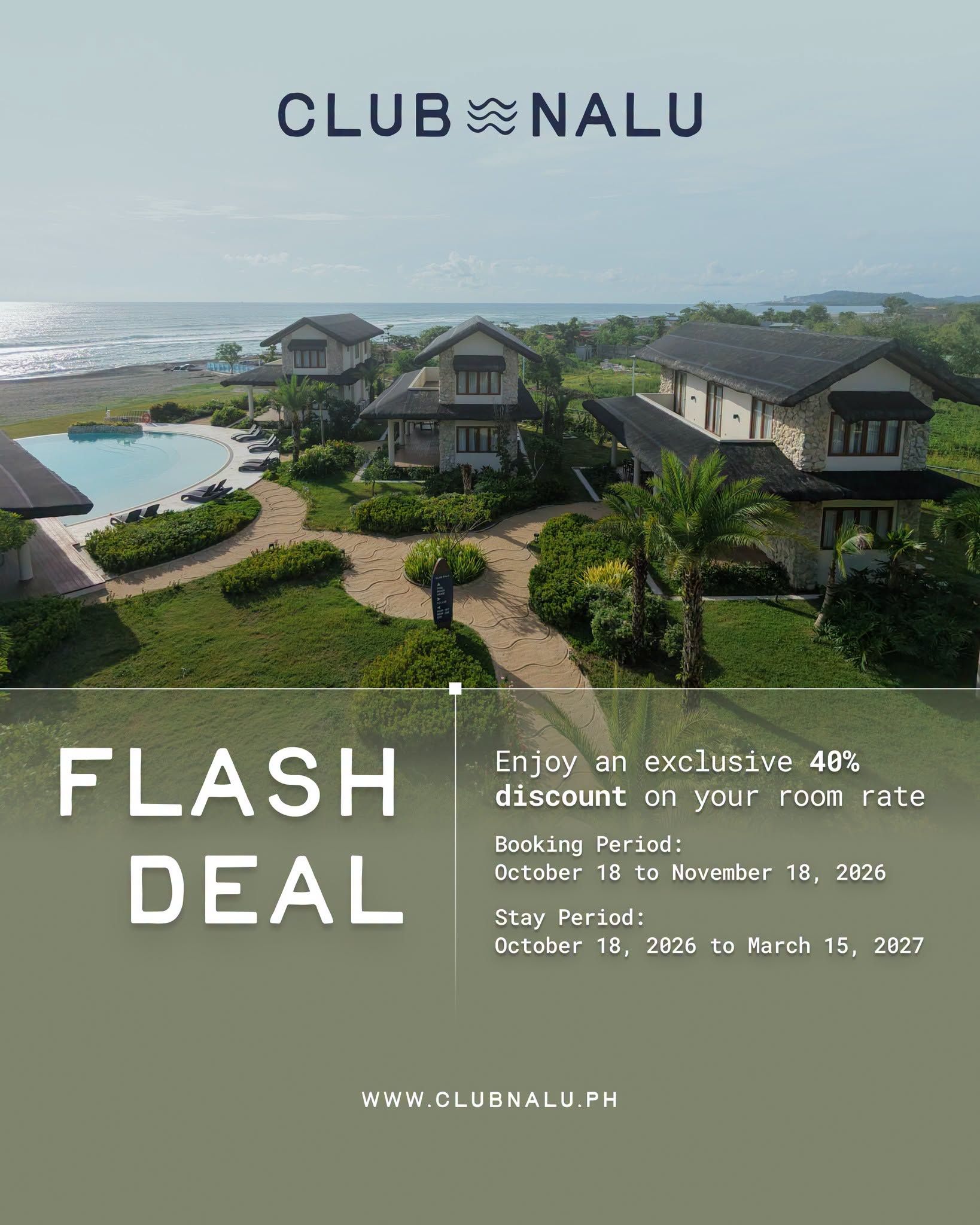 Club Nalu resort aerial promo with “FLASH DEAL” text and poolside villas under a hazy sky