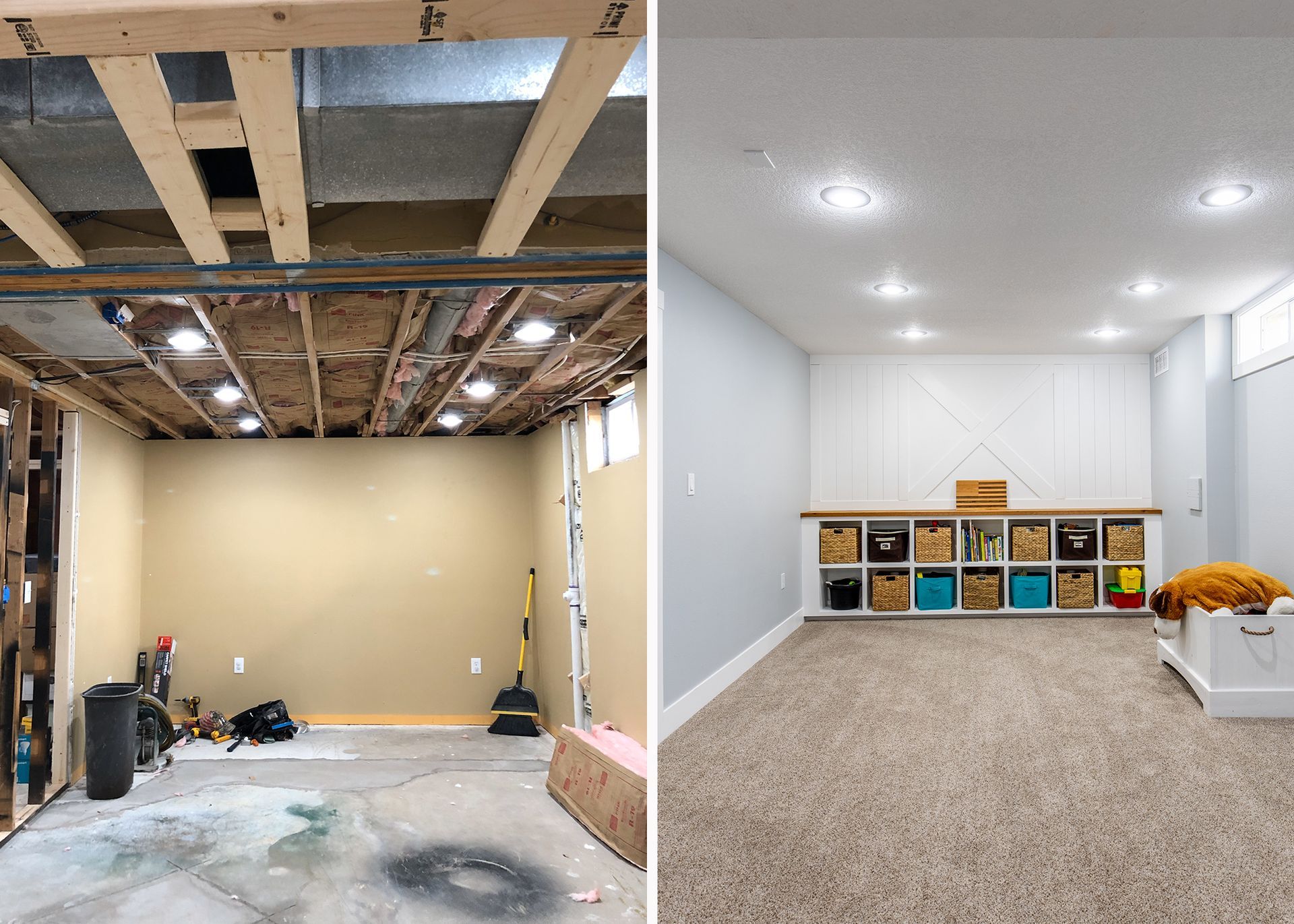 A before and after photo of a basement being remodeled.