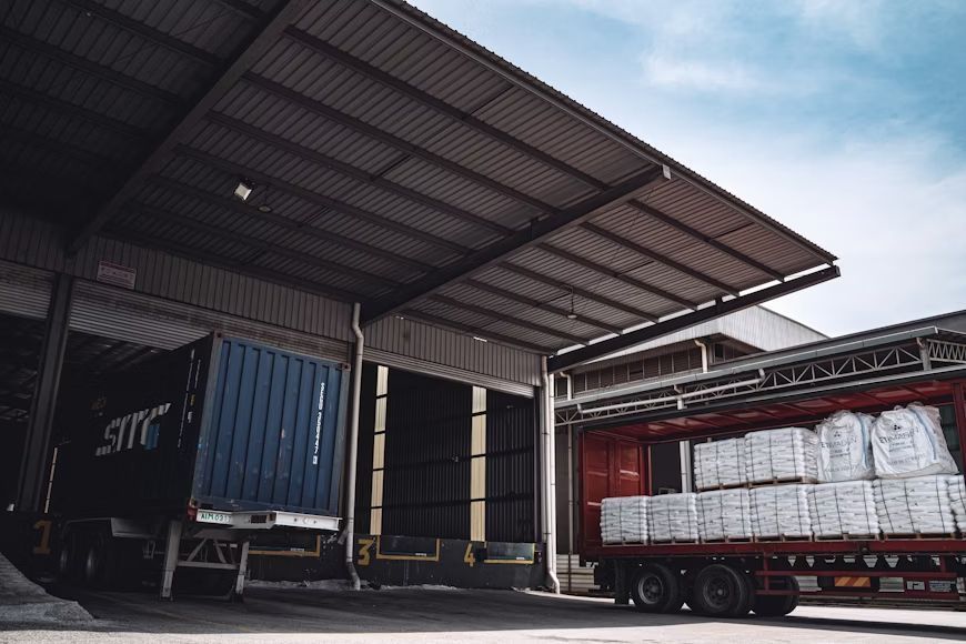 Trucks loading/unloading goods at a warehouse loading dock under a covered awning.