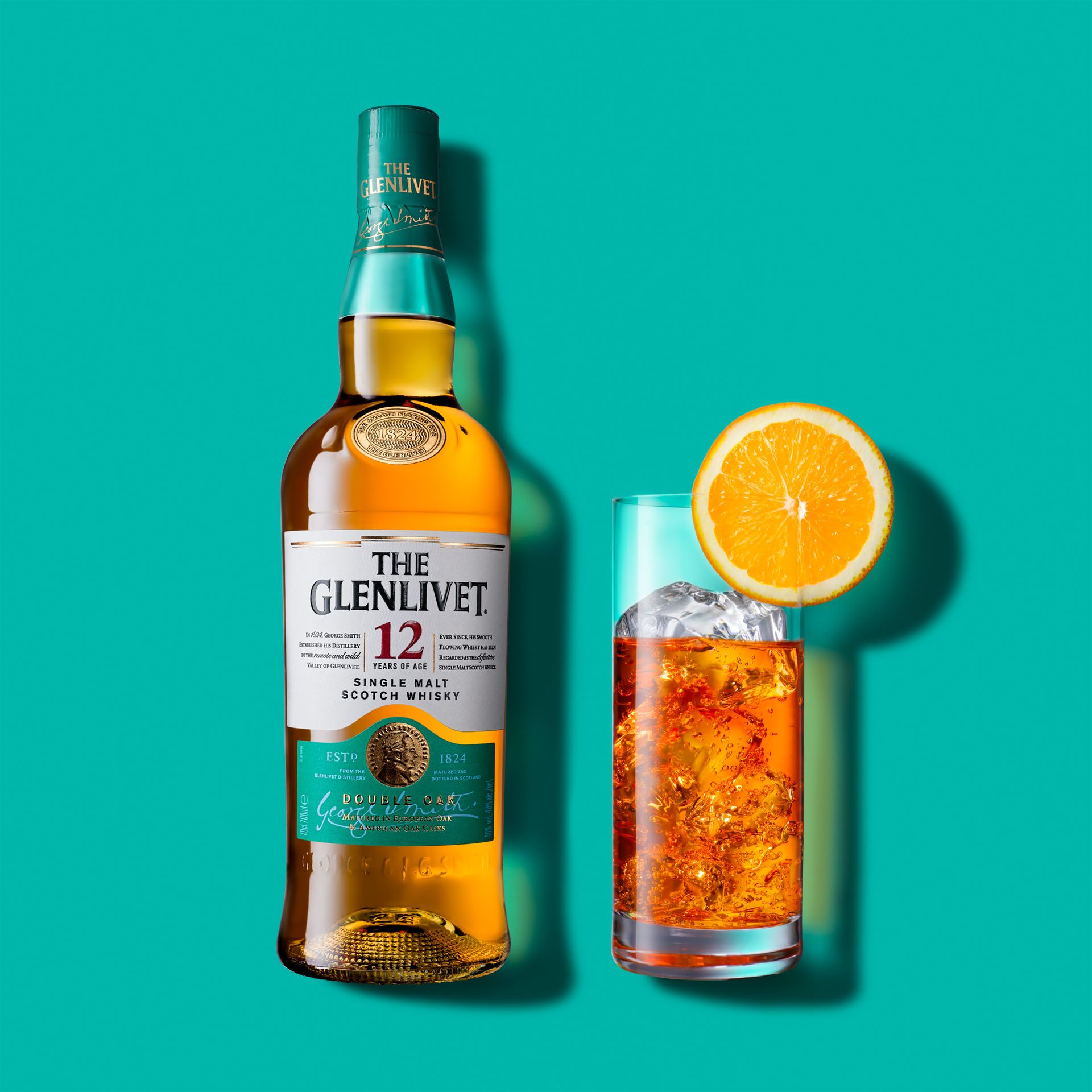 Glenlivet single malt whisky bottle in neutral brand colors