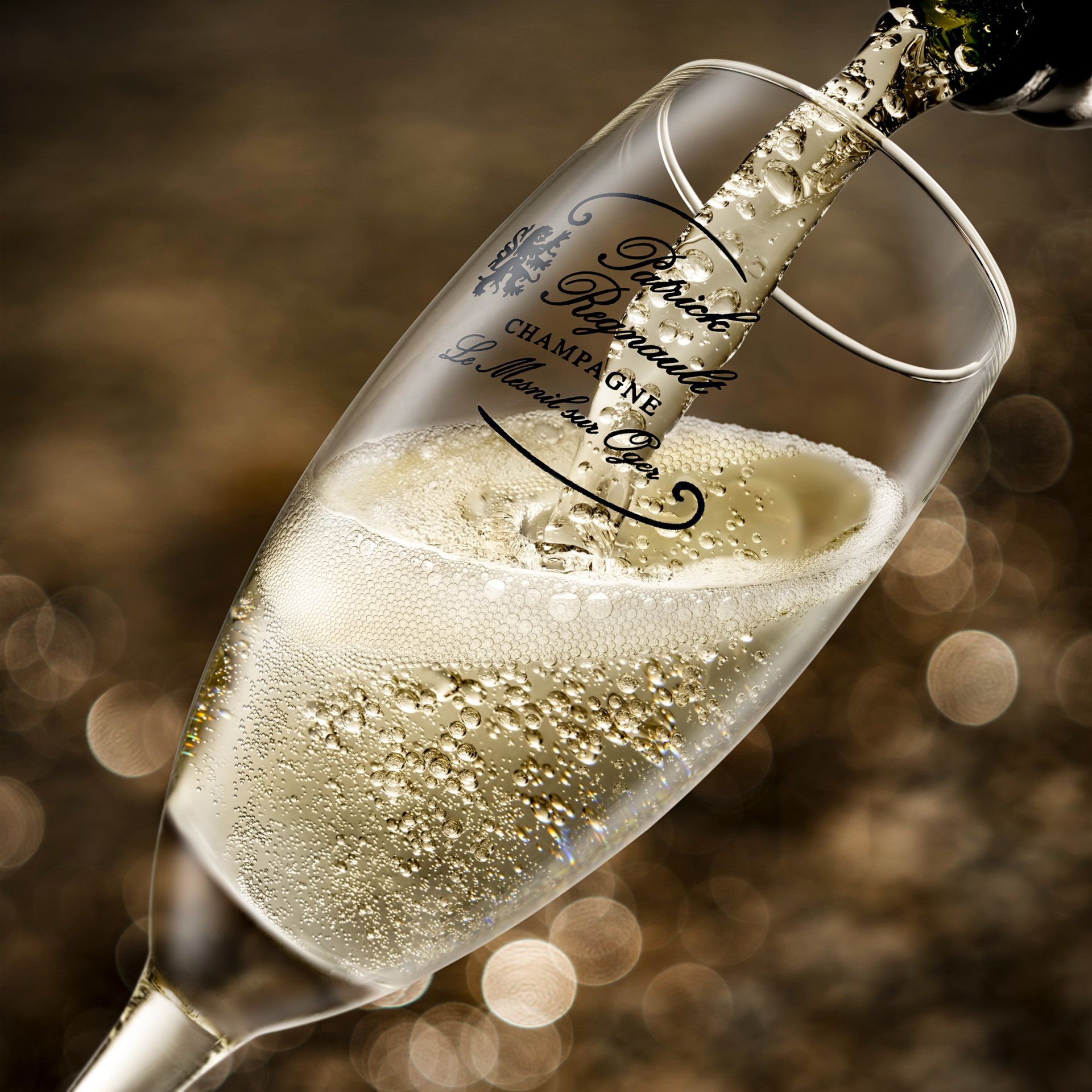Champagne glass with rising bubbles captured at high speed — drinks photography London