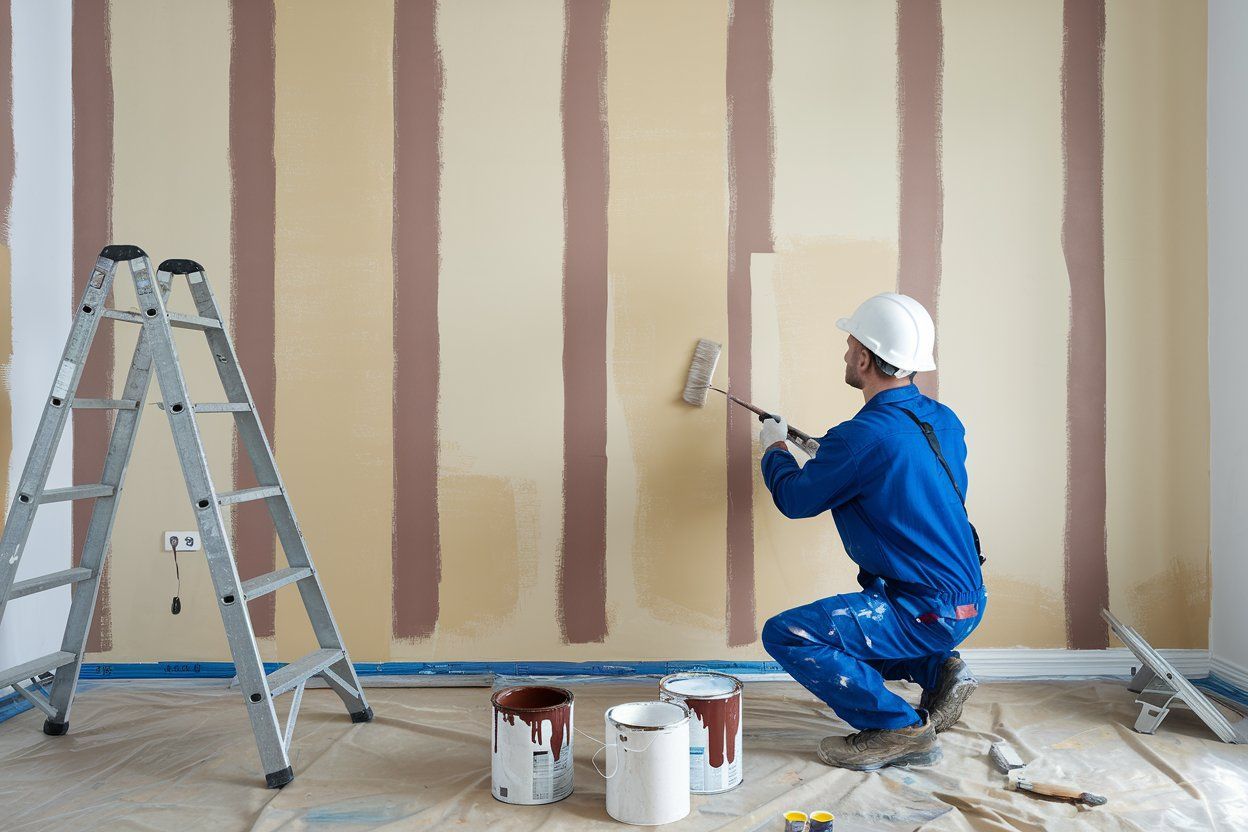 Person in blue overalls paints a striped wall with a roller. Ladder, paint cans, and drop cloth visible.