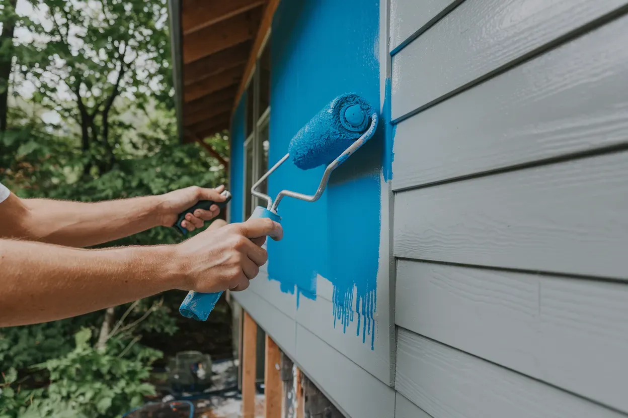 Person using a paint roller to apply blue paint to a light gray exterior wall of a building.