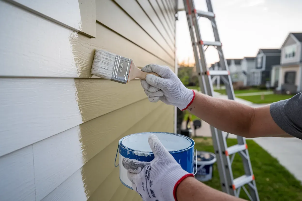 Person painting a house with a brush, changing from white to a light brown color. Ladder is nearby.