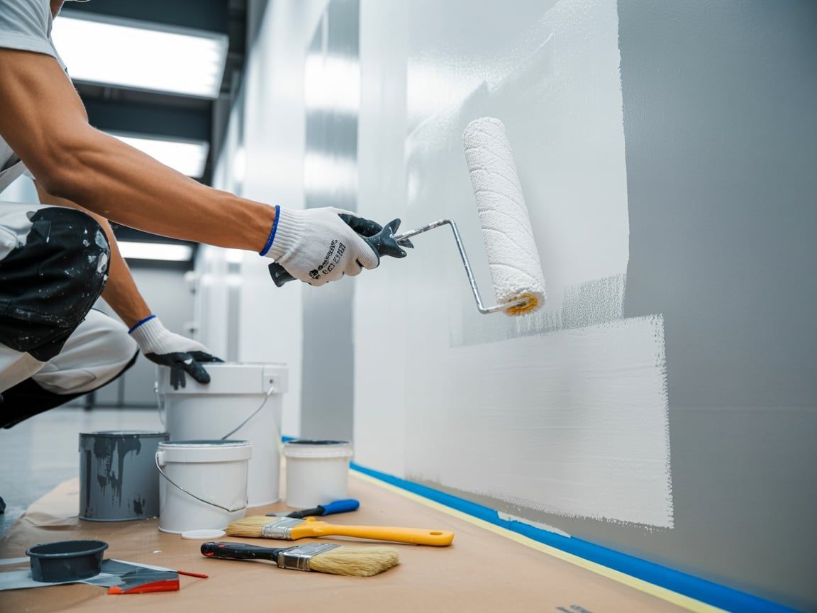 Person using a paint roller to apply white paint to a wall.