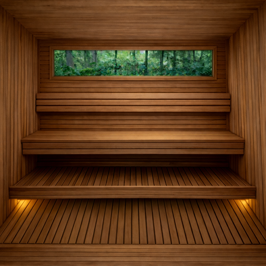 Wood-paneled sauna with tiered benches and a narrow window overlooking green trees