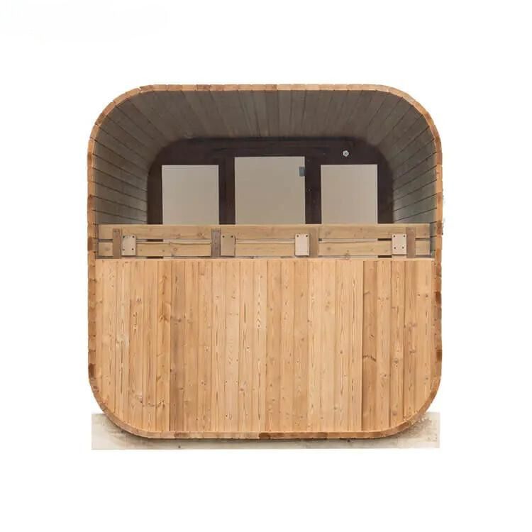 Wooden balcony pod with rounded corners and a dark interior opening