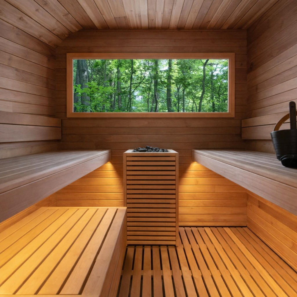 Wood-paneled sauna interior with benches, heater, and a wide window overlooking green trees